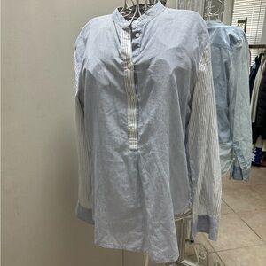 Madewell White/Blue Striped Half Button Down Blouse